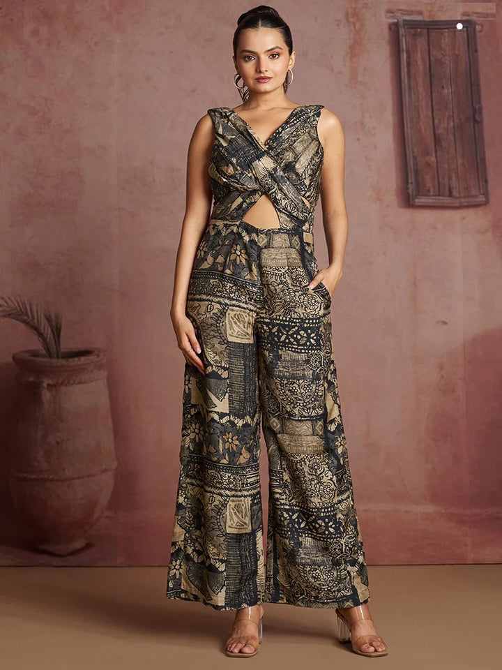 Amazing Black Digital Printed Muslin Silk Event Wear Jump Suit