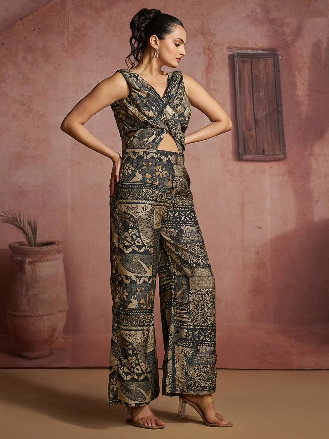 Amazing Black Digital Printed Muslin Silk Event Wear Jump Suit
