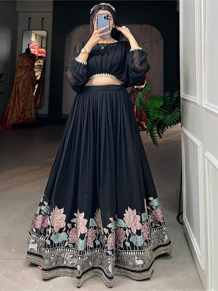 Amazing Black Embroidered Georgette Designer Crop Top Lehenga - Zeel Clothing
