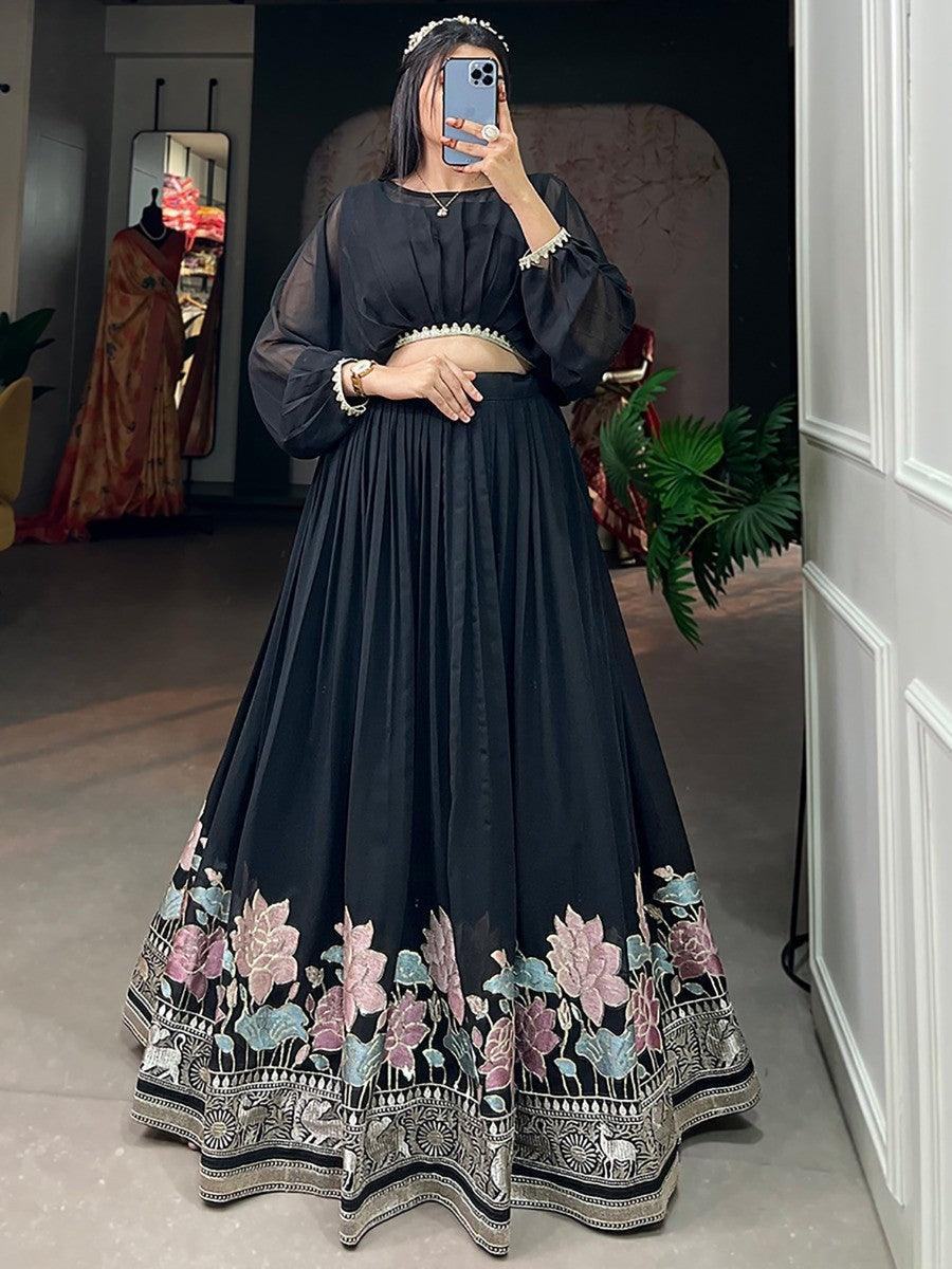 Amazing Black Embroidered Georgette Designer Crop Top Lehenga