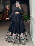 Amazing Black Embroidered Georgette Designer Crop Top Lehenga - Zeel Clothing