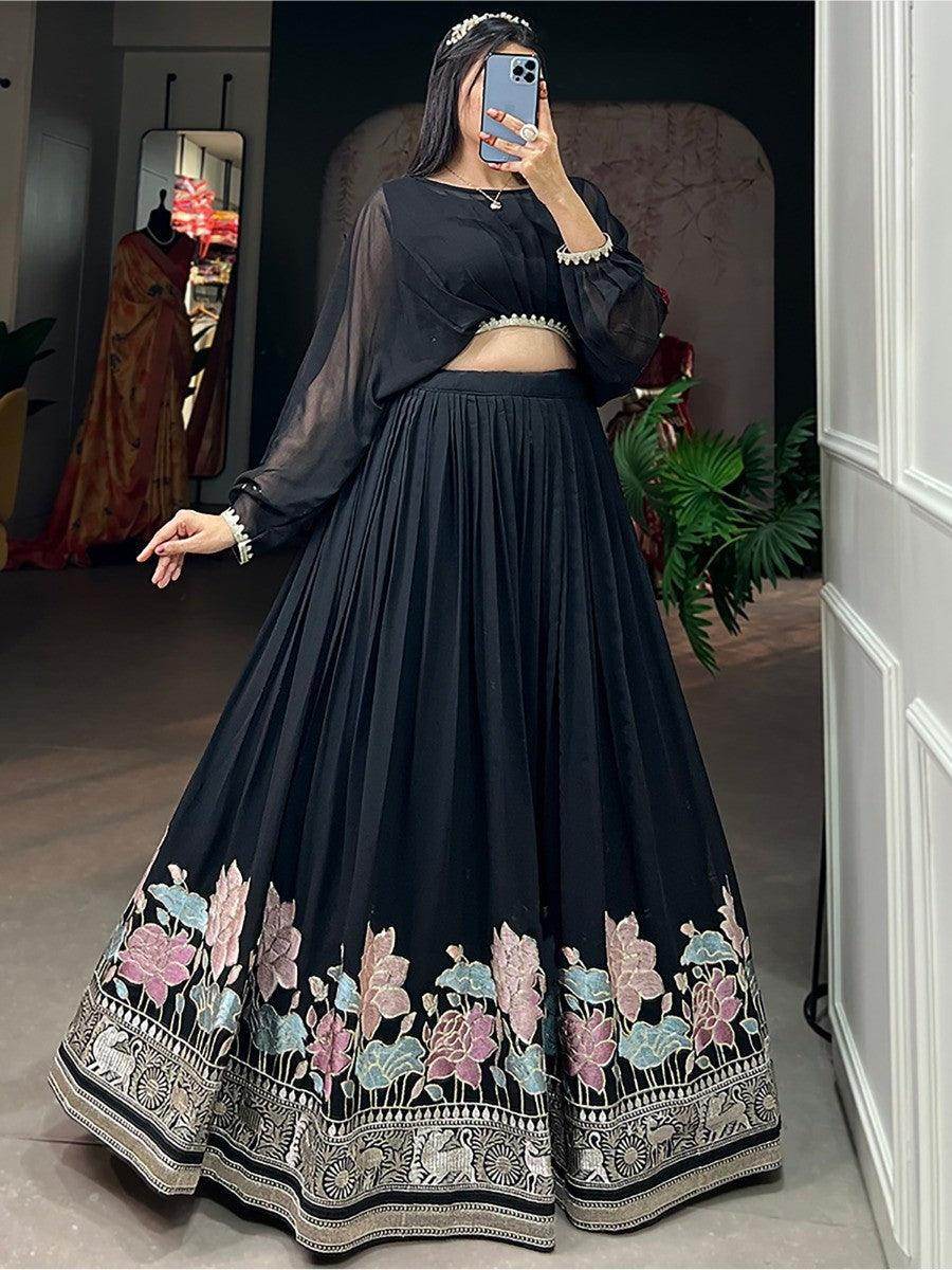 Amazing Black Embroidered Georgette Designer Crop Top Lehenga - Zeel Clothing