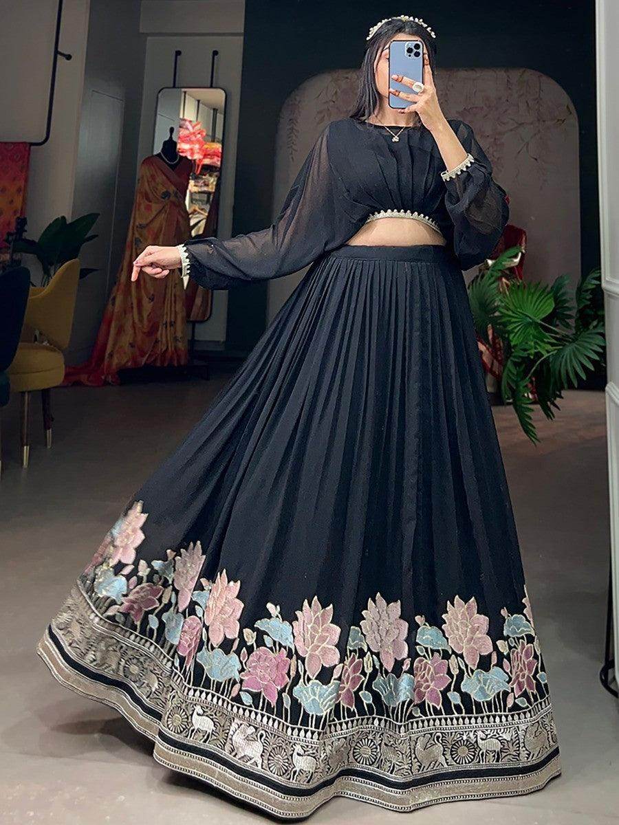 Amazing Black Embroidered Georgette Designer Crop Top Lehenga - Zeel Clothing