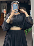 Amazing Black Embroidered Georgette Designer Crop Top Lehenga - Zeel Clothing