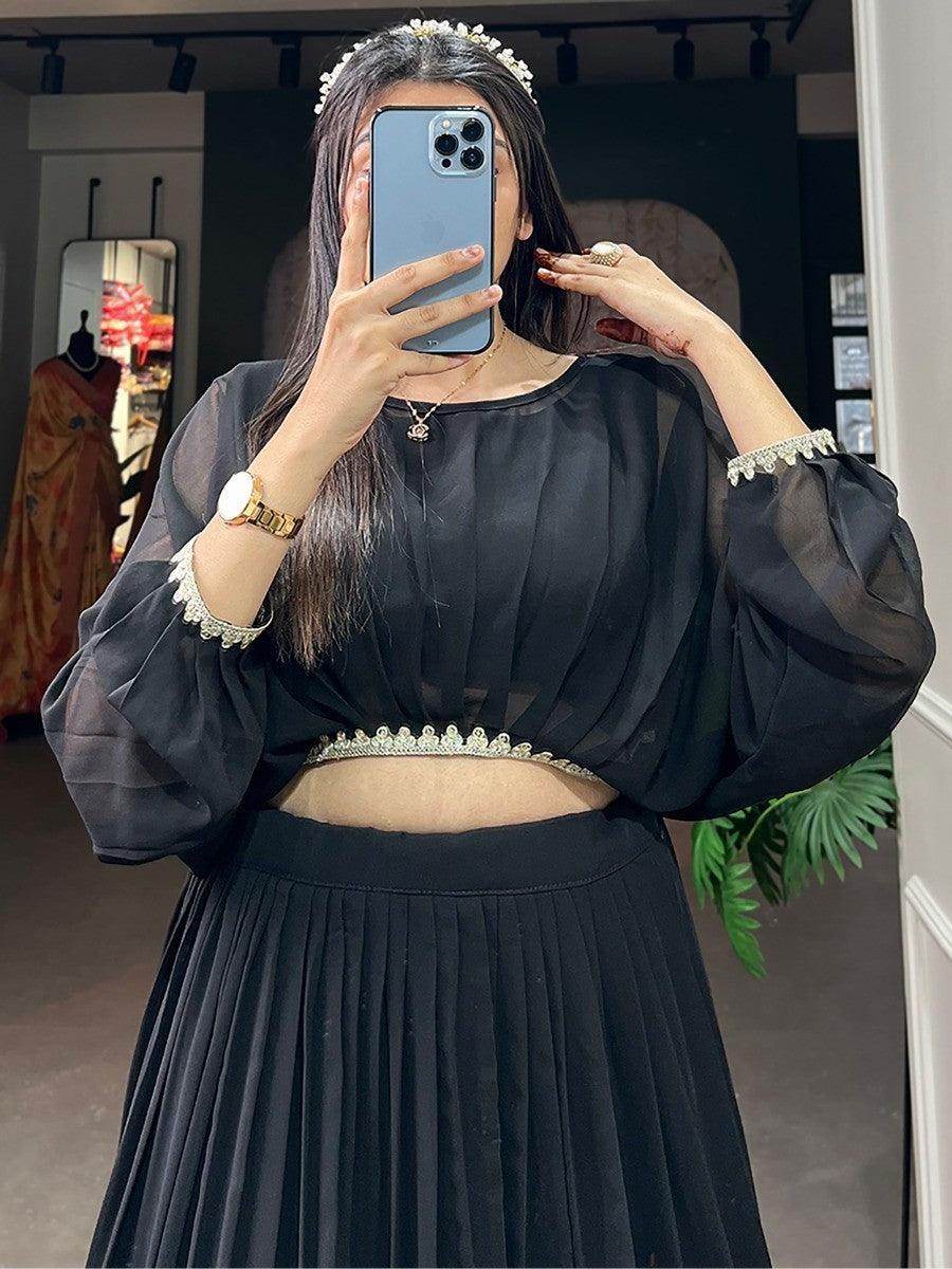Amazing Black Embroidered Georgette Designer Crop Top Lehenga - Zeel Clothing