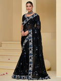 Amazing Black Embroidered Organza Reception Wear Saree With Blouse - Zeel Clothing