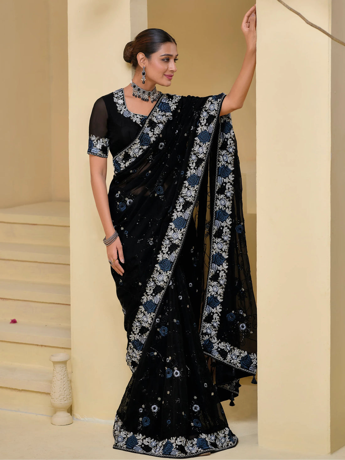 Amazing Black Embroidered Organza Reception Wear Saree With Blouse - Zeel Clothing