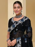 Amazing Black Embroidered Organza Reception Wear Saree With Blouse - Zeel Clothing
