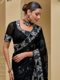 Amazing Black Embroidered Organza Reception Wear Saree With Blouse - Zeel Clothing