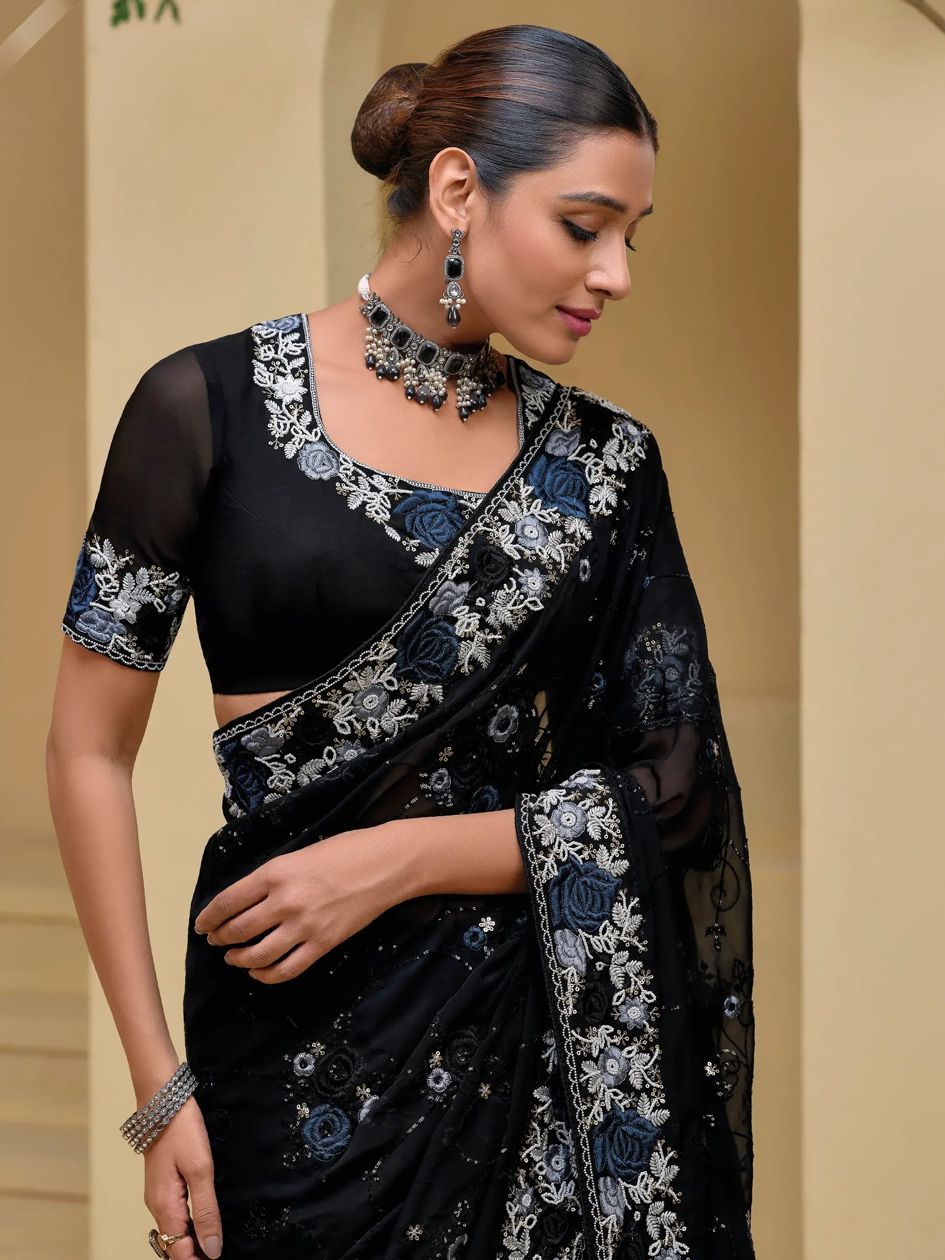 Amazing Black Embroidered Organza Reception Wear Saree With Blouse - Zeel Clothing