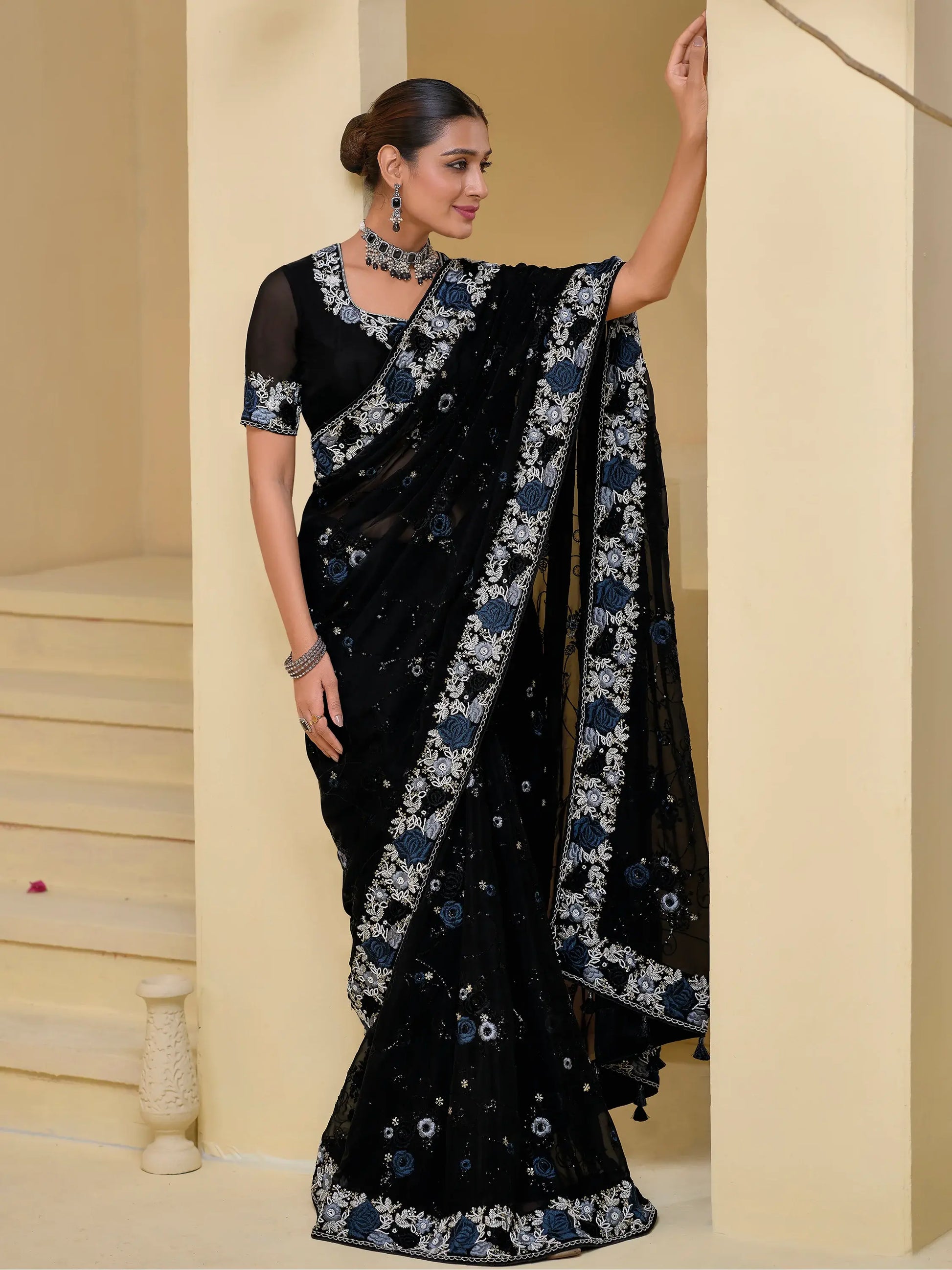 Amazing Black Embroidered Organza Reception Wear Saree With Blouse - Zeel Clothing