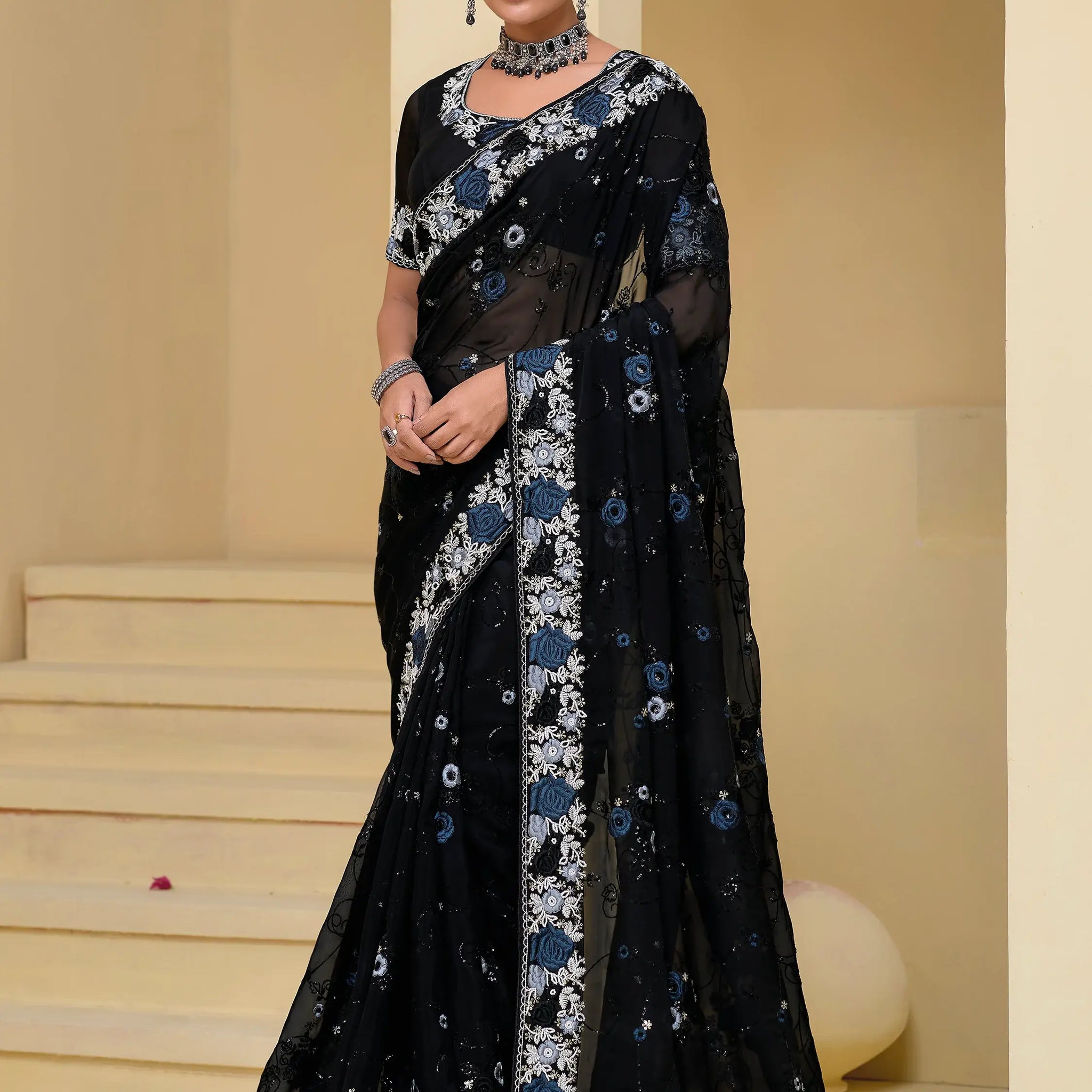 Amazing Black Embroidered Organza Reception Wear Saree With Blouse - Zeel Clothing
