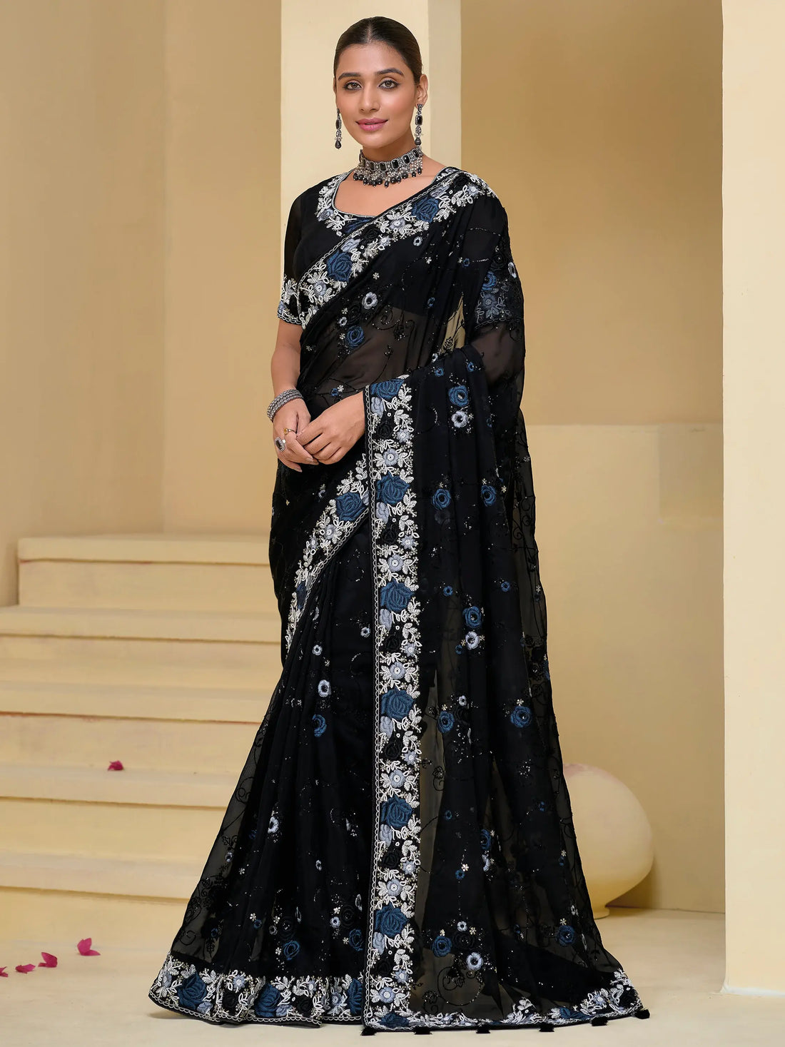 Amazing Black Embroidered Organza Reception Wear Saree With Blouse - Zeel Clothing