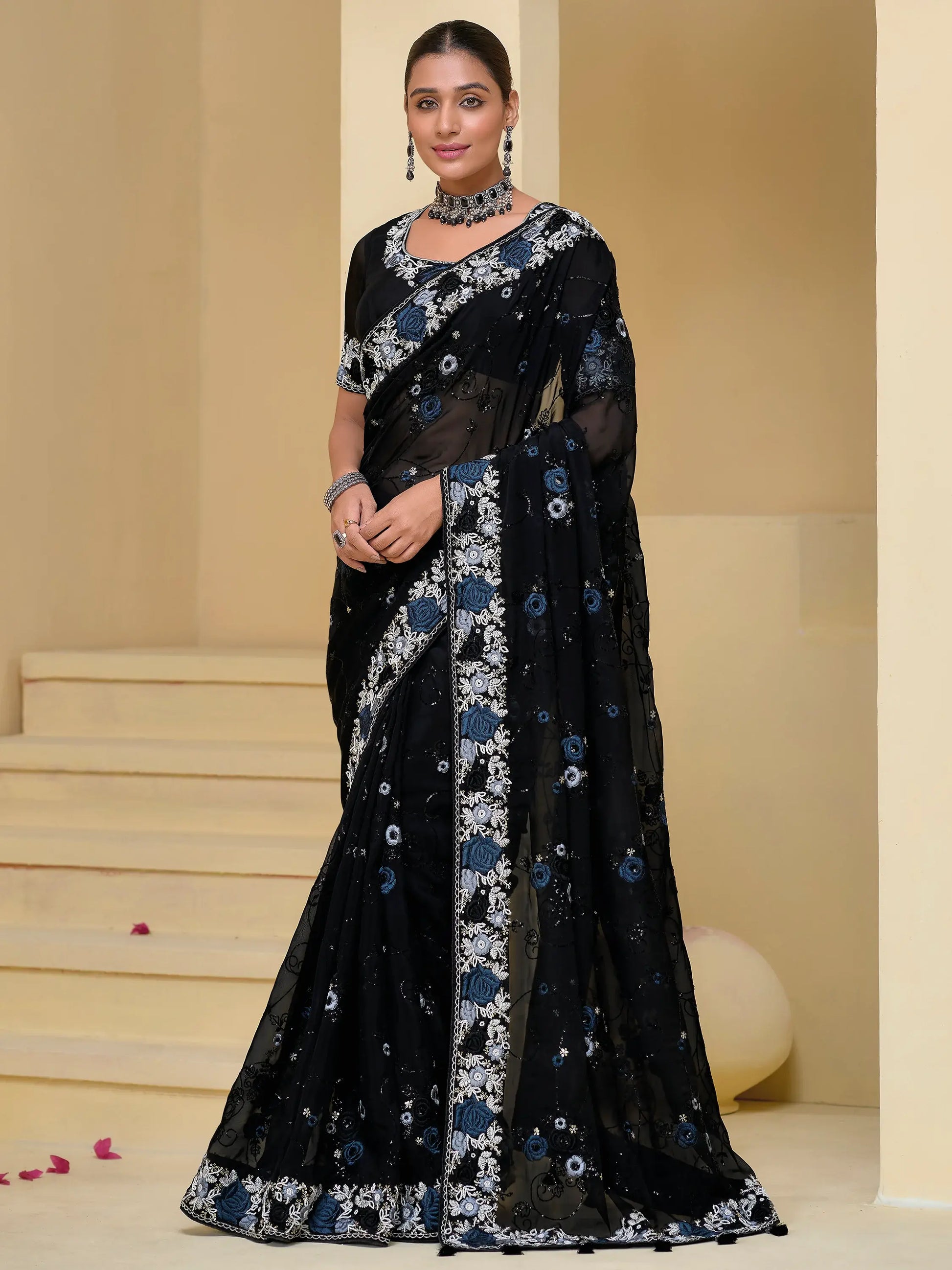 Amazing Black Embroidered Organza Reception Wear Saree With Blouse - Zeel Clothing