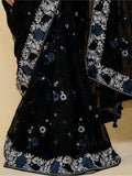 Amazing Black Embroidered Organza Reception Wear Saree With Blouse - Zeel Clothing