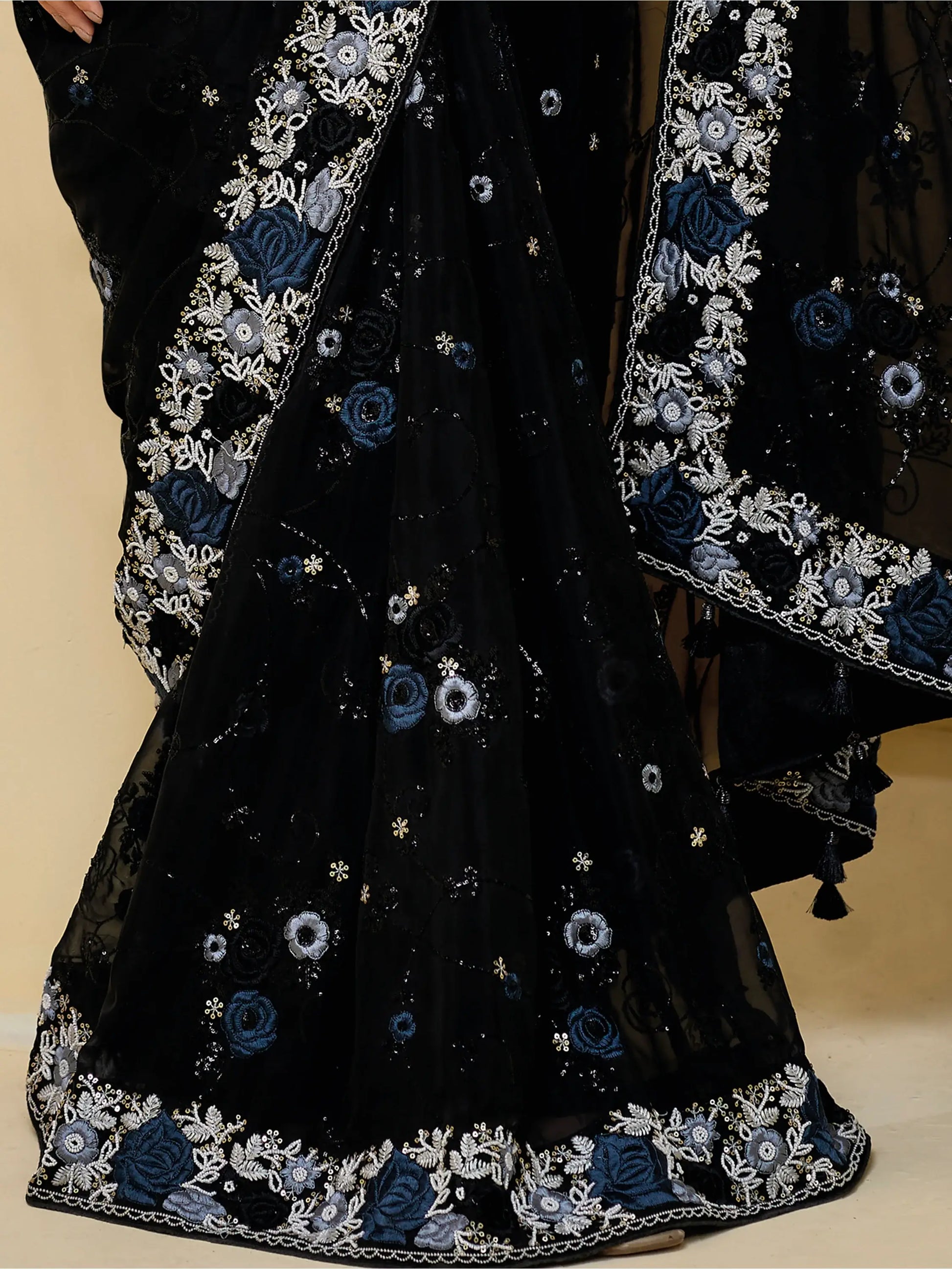 Amazing Black Embroidered Organza Reception Wear Saree With Blouse - Zeel Clothing