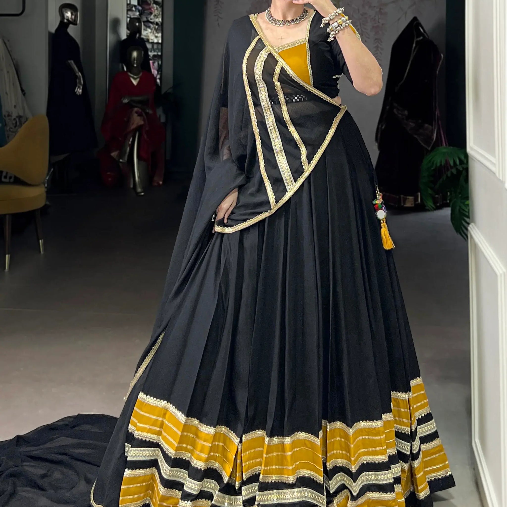 Amazing Black Lace Work Rayon Festive Wear Lehenga Choli With Dupatta - Zeel Clothing