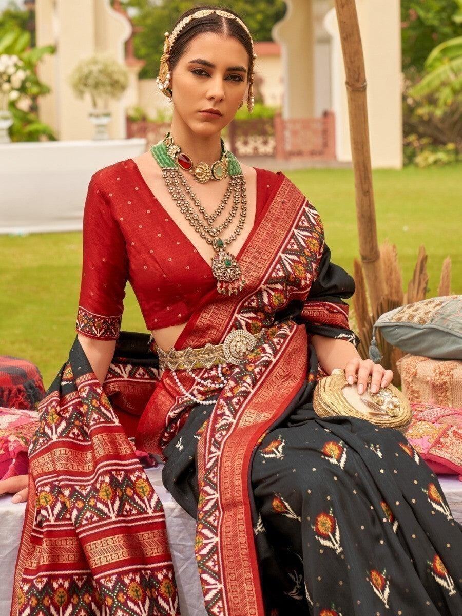 Amazing Black Patola Printed Silk Events Wear Saree With Blouse