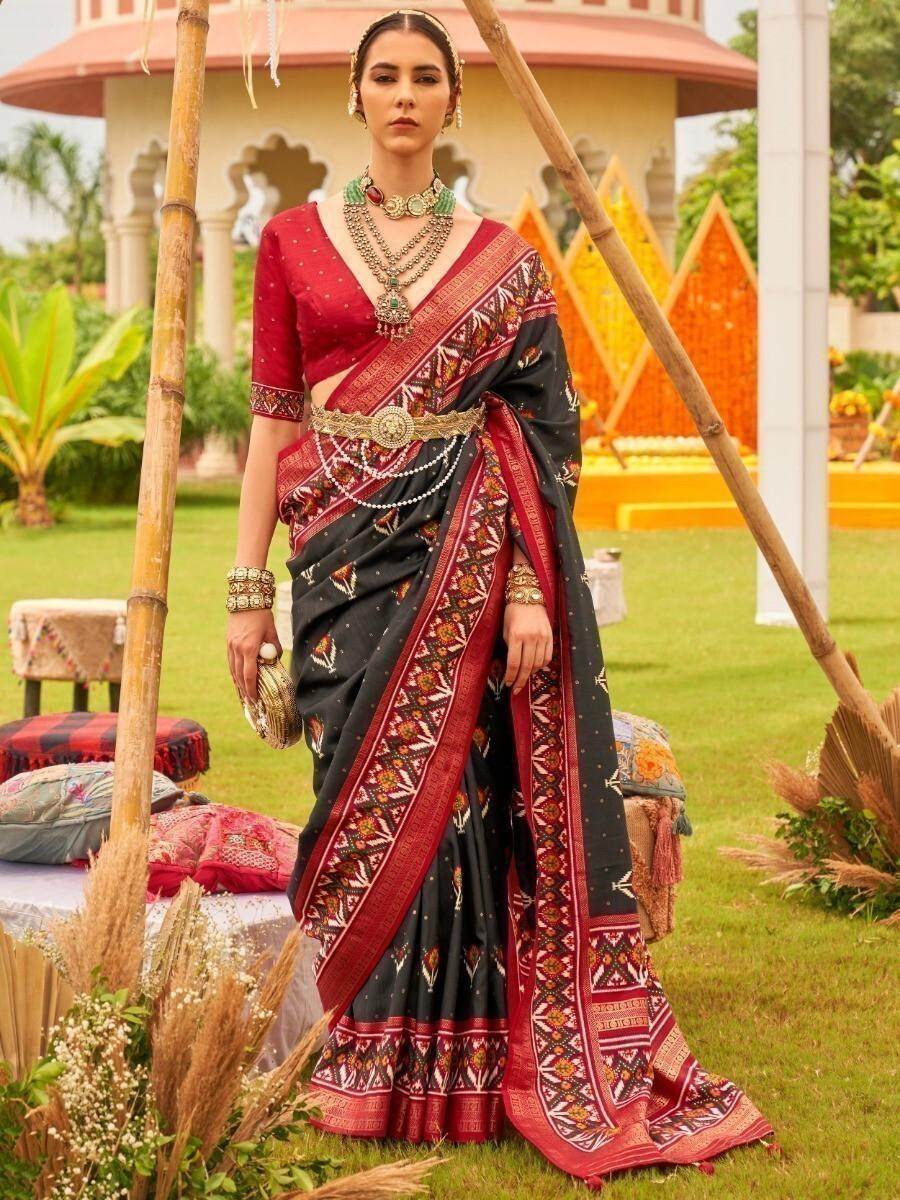 Amazing Black Patola Printed Silk Events Wear Saree With Blouse - Zeel Clothing