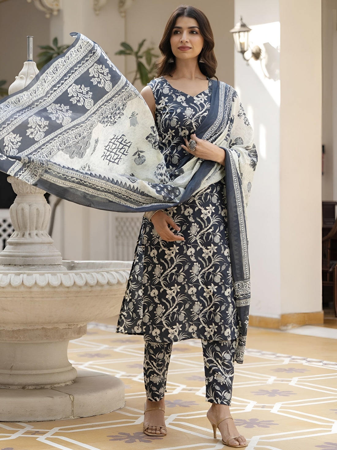 Amazing Black Printed Cotton Casual Wear Pant Suit With Dupatta