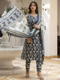 Amazing Black Printed Cotton Casual Wear Pant Suit With Dupatta