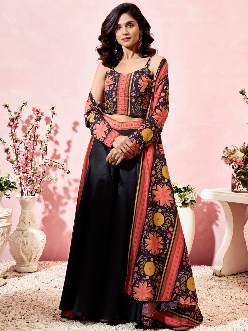 Amazing Black Printed Crepe Party Wear Crop Top Palazzo With Shrug - Zeel Clothing