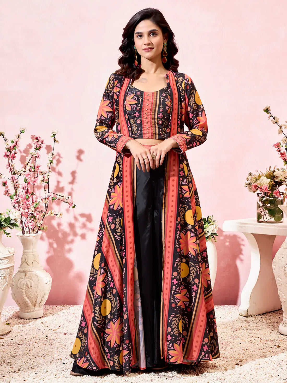 Amazing Black Printed Crepe Party Wear Crop Top Palazzo With Shrug - Zeel Clothing