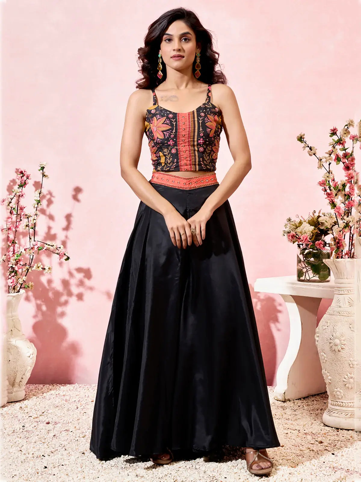 Amazing Black Printed Crepe Party Wear Crop Top Palazzo With Shrug - Zeel Clothing