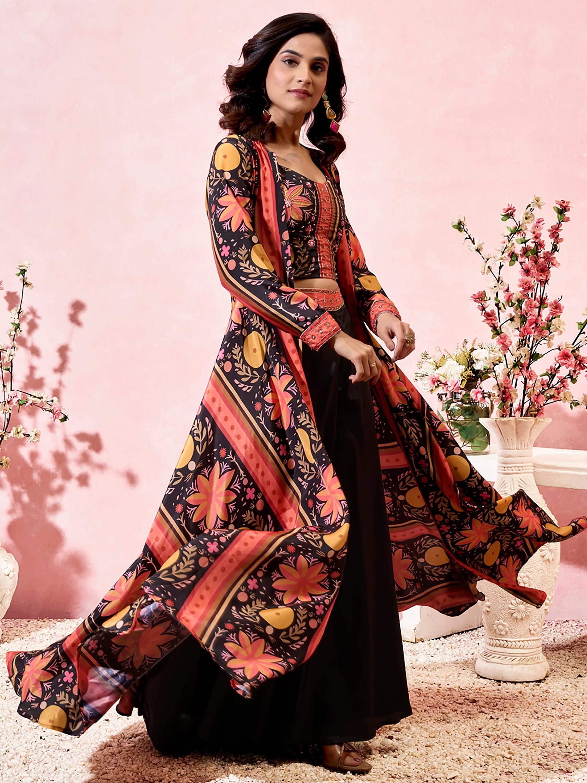 Amazing Black Printed Crepe Party Wear Crop Top Palazzo With Shrug - Zeel Clothing