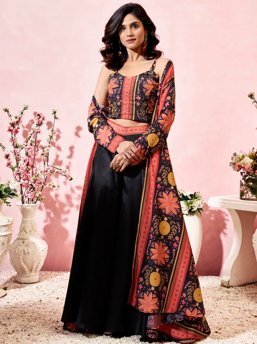Amazing Black Printed Crepe Party Wear Crop Top Palazzo With Shrug - Zeel Clothing