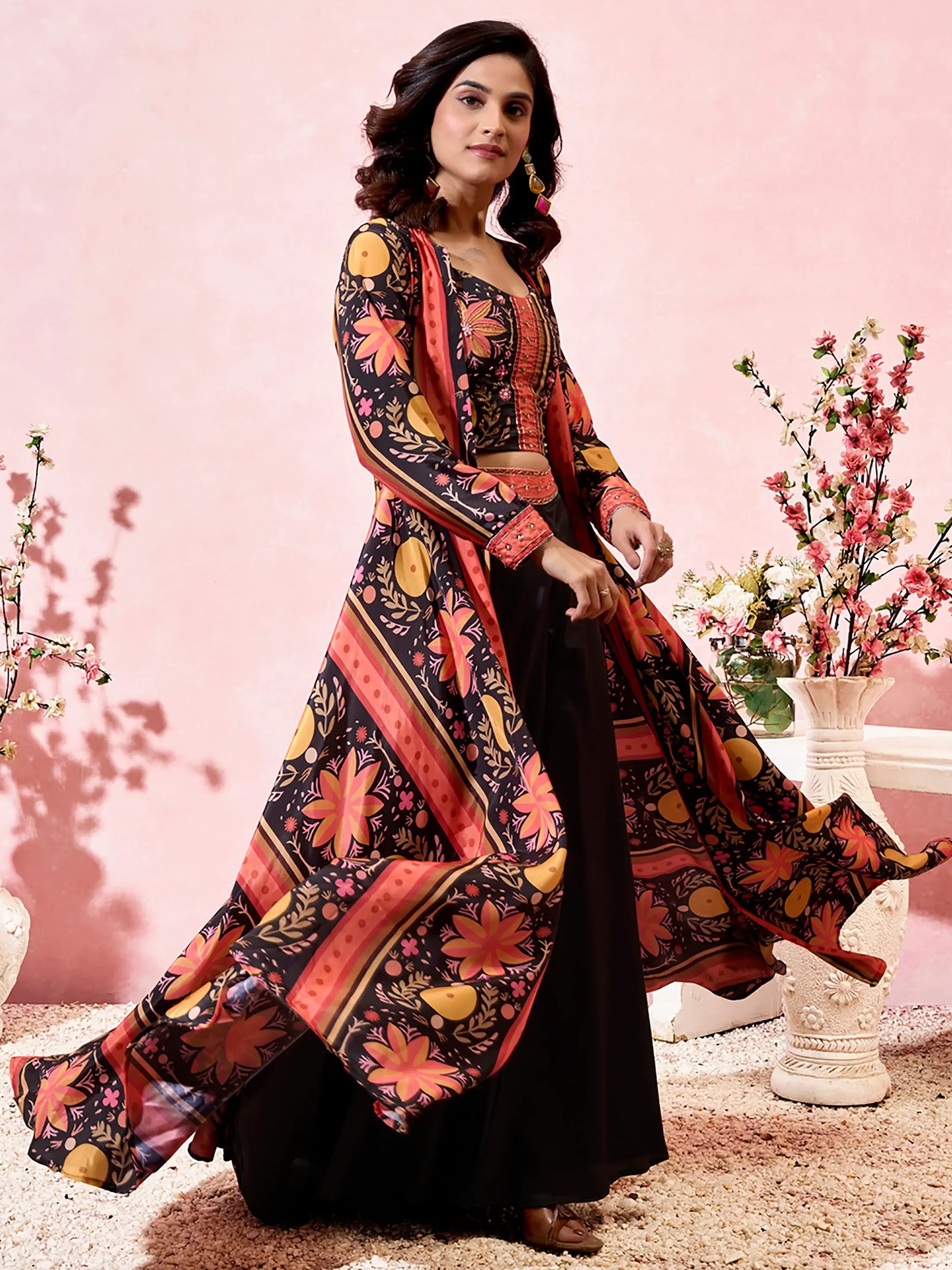 Amazing Black Printed Crepe Party Wear Crop Top Palazzo With Shrug - Zeel Clothing