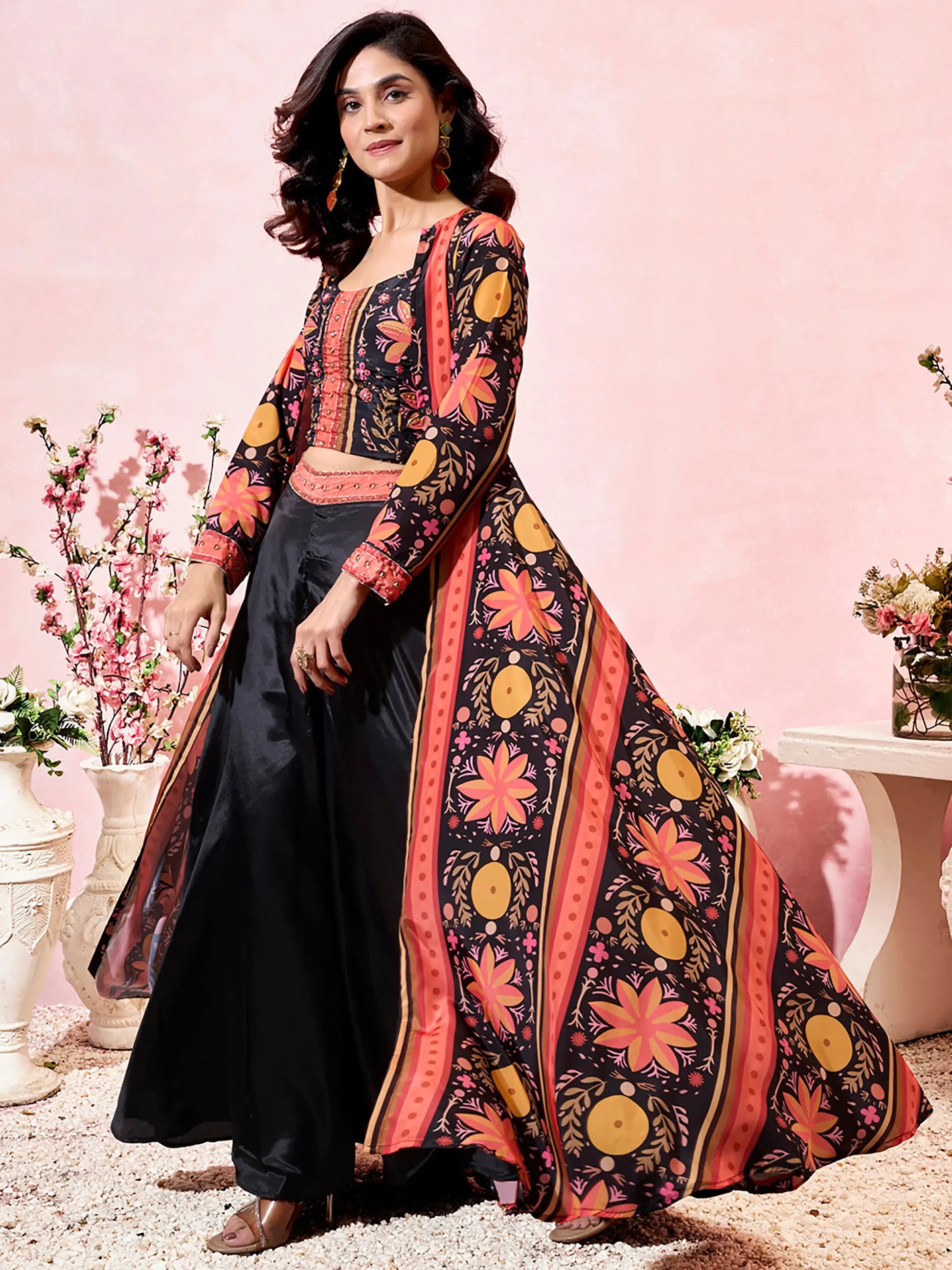 Amazing Black Printed Crepe Party Wear Crop Top Palazzo With Shrug - Zeel Clothing