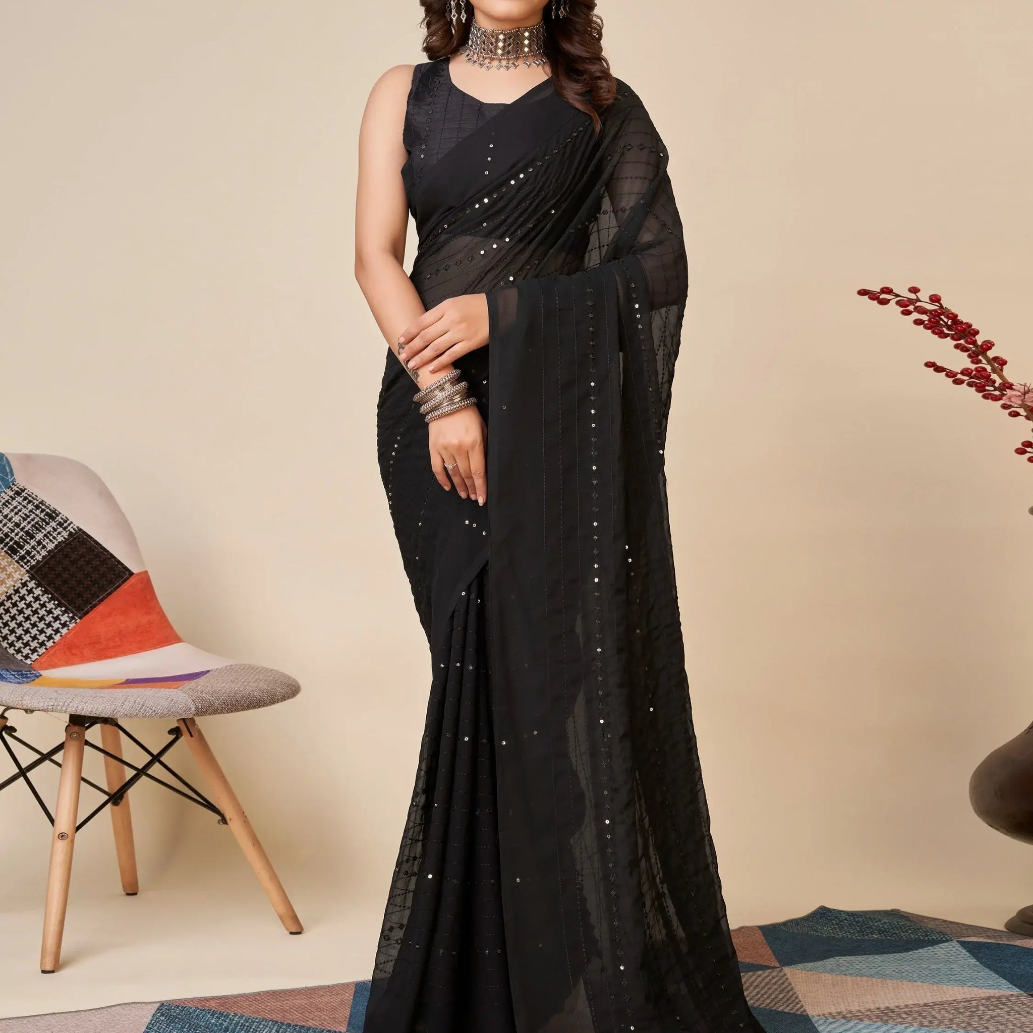 Amazing Black Sequins Georgette Party Wear Saree With Blouse - Zeel Clothing
