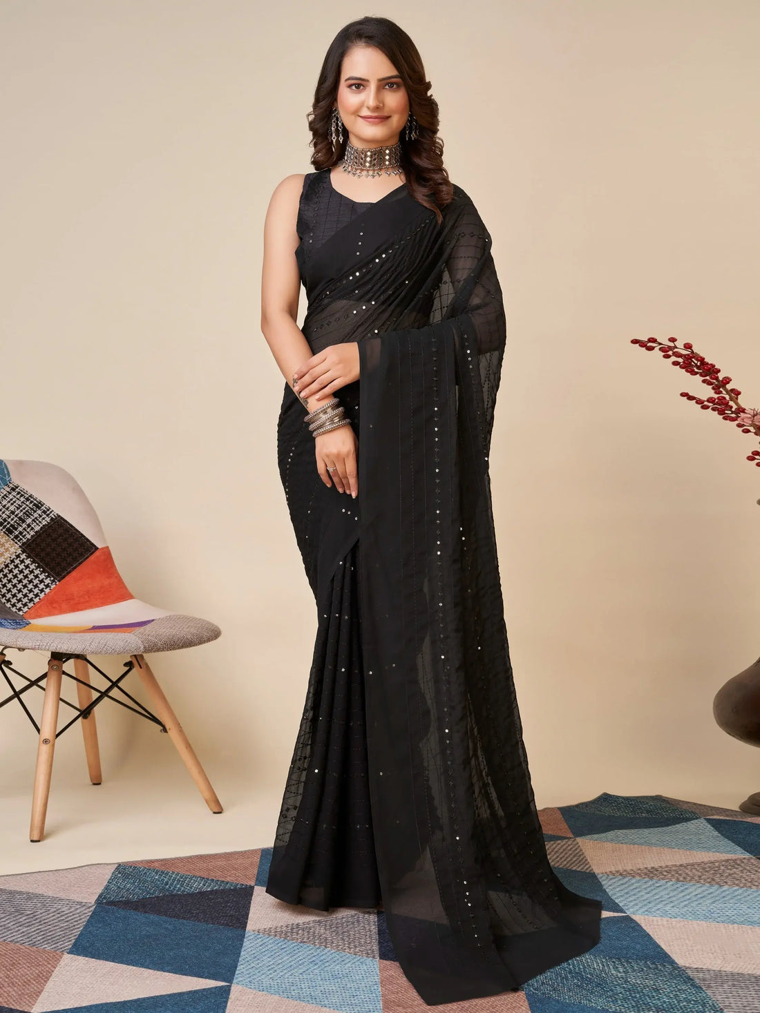 Amazing Black Sequins Georgette Party Wear Saree With Blouse - Zeel Clothing