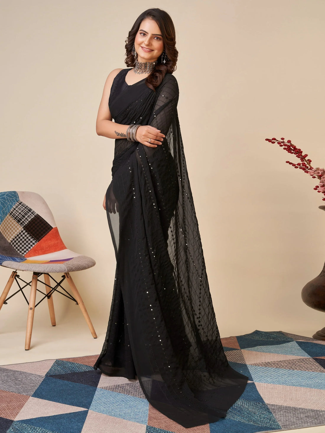 Amazing Black Sequins Georgette Party Wear Saree With Blouse
