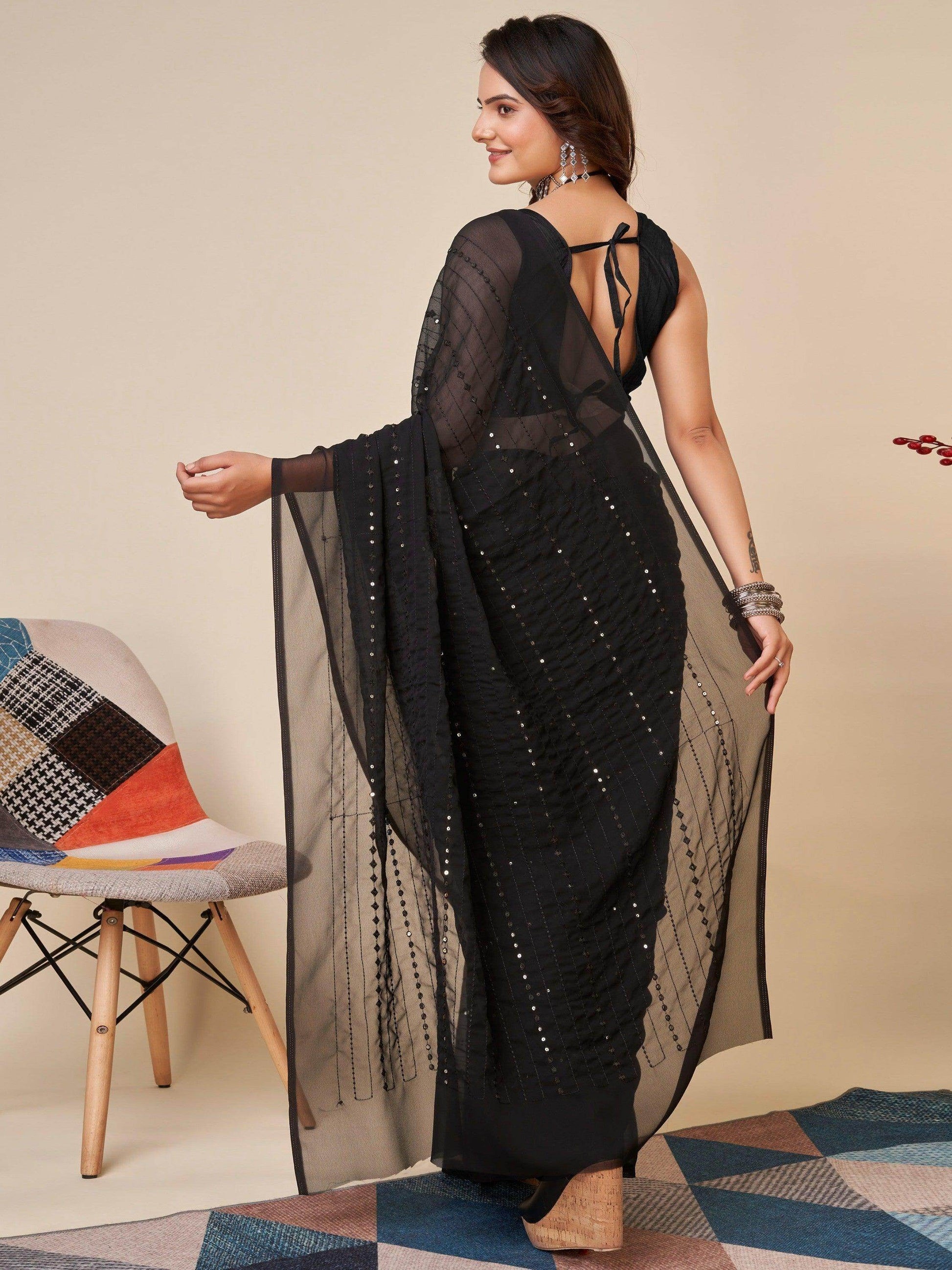 Amazing Black Sequins Georgette Party Wear Saree With Blouse - Zeel Clothing