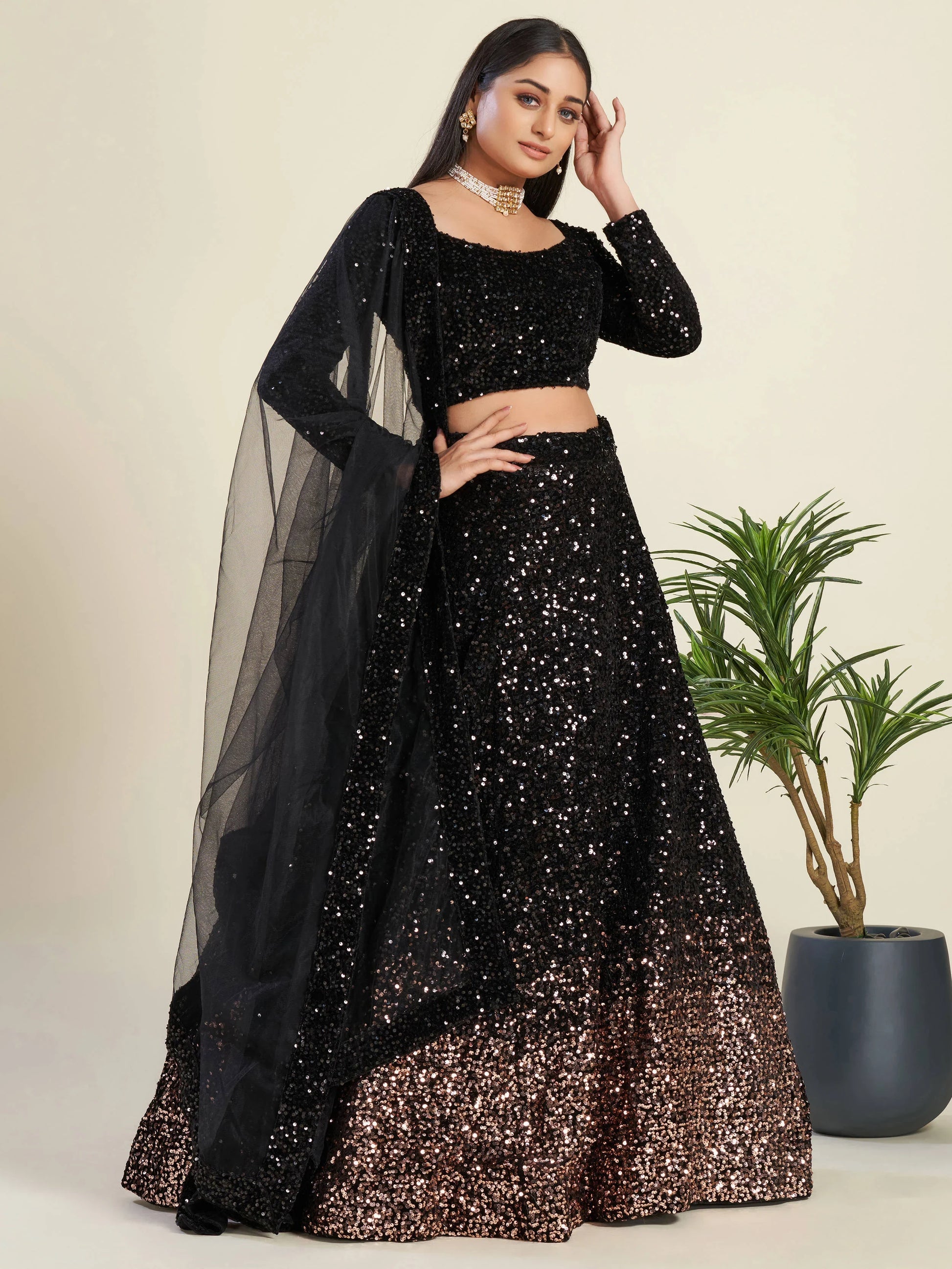 Amazing Black Sequins Velvet Party Wear Lehenga Choli With Dupatta - Zeel Clothing
