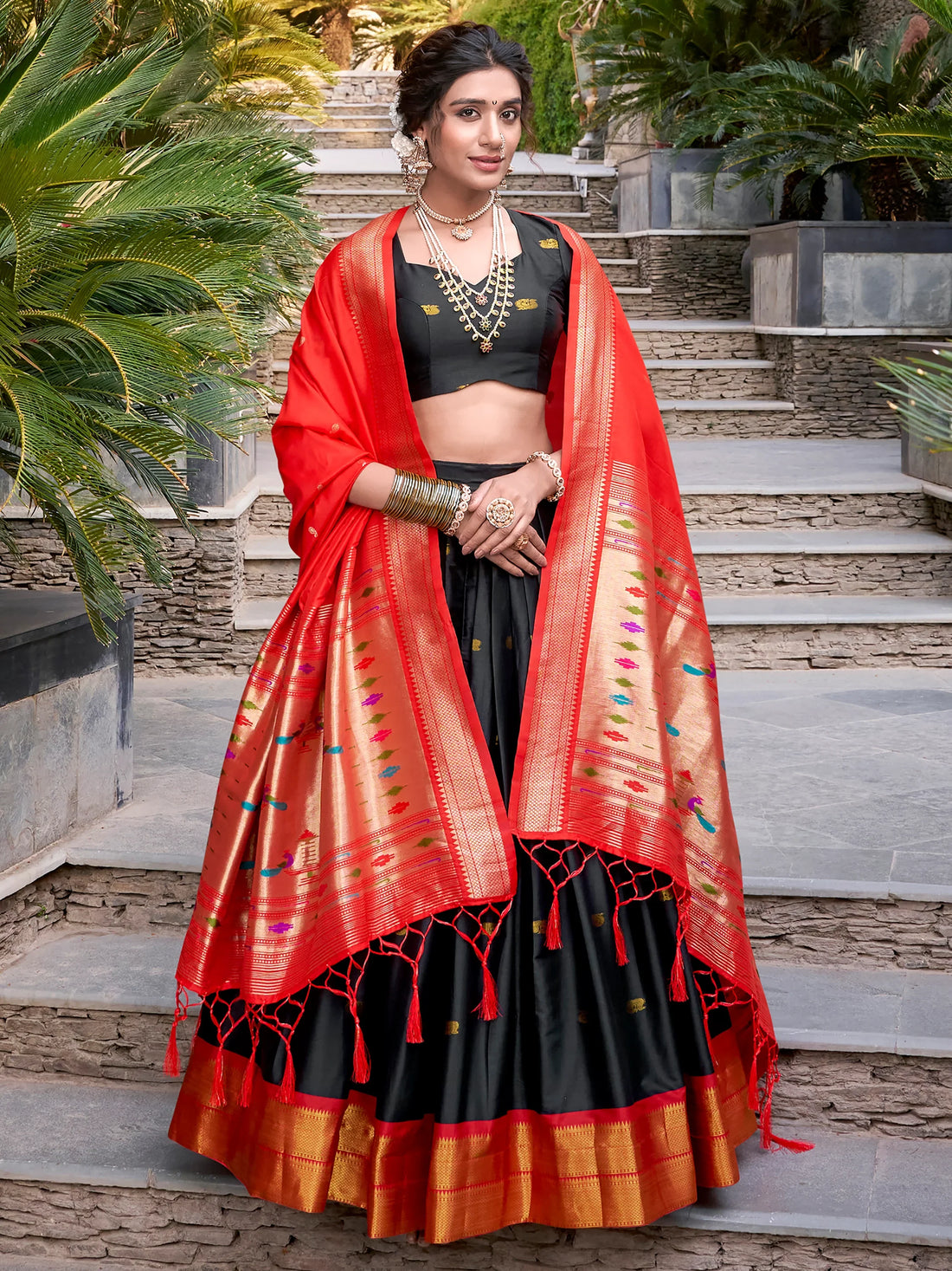 Amazing Black Zari Weaving Jacquard Paithani Lehenga Choli - Zeel Clothing