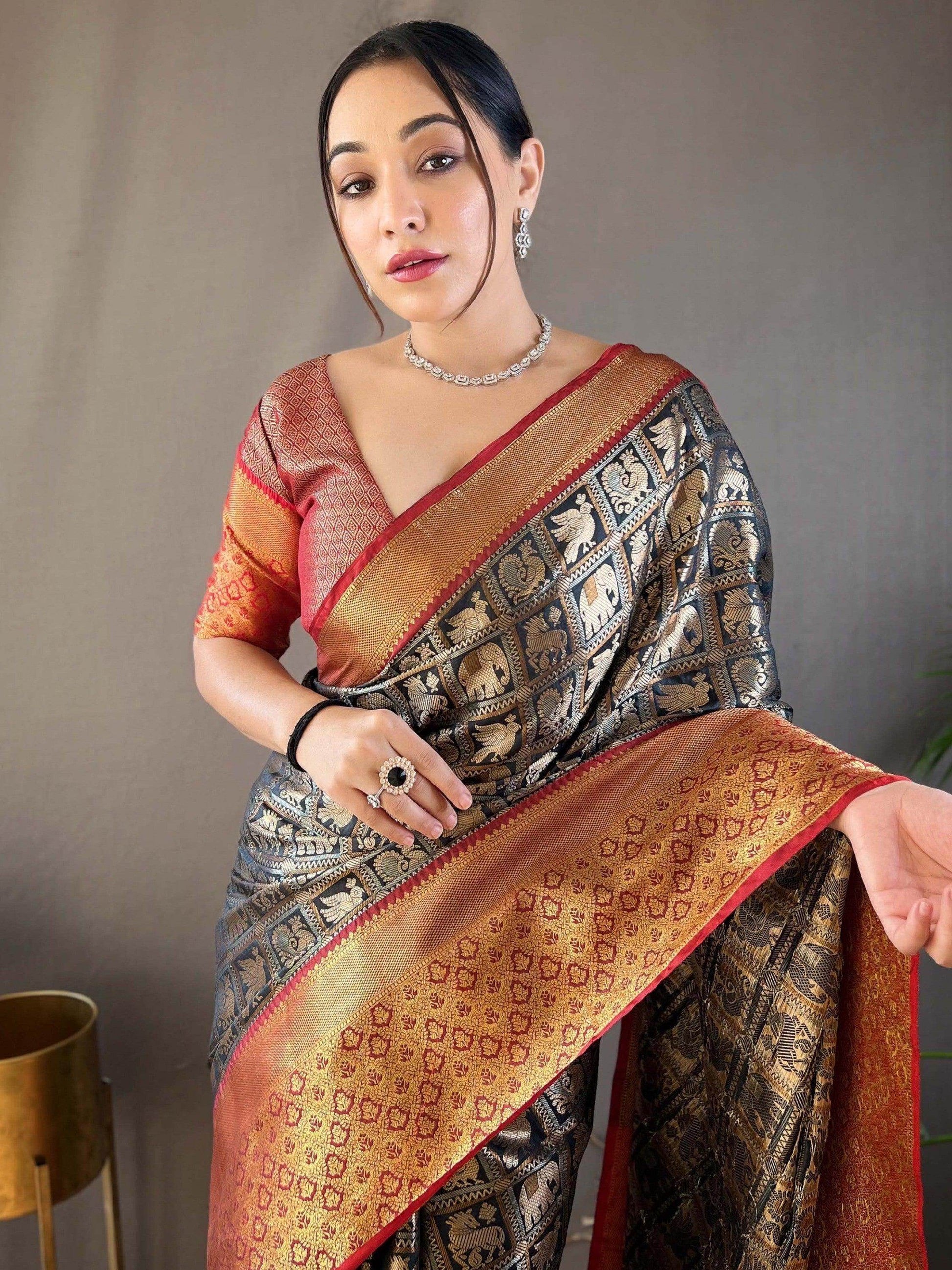 Amazing Black Zari Weaving Silk Reception Wear Saree With Blouse - Zeel Clothing