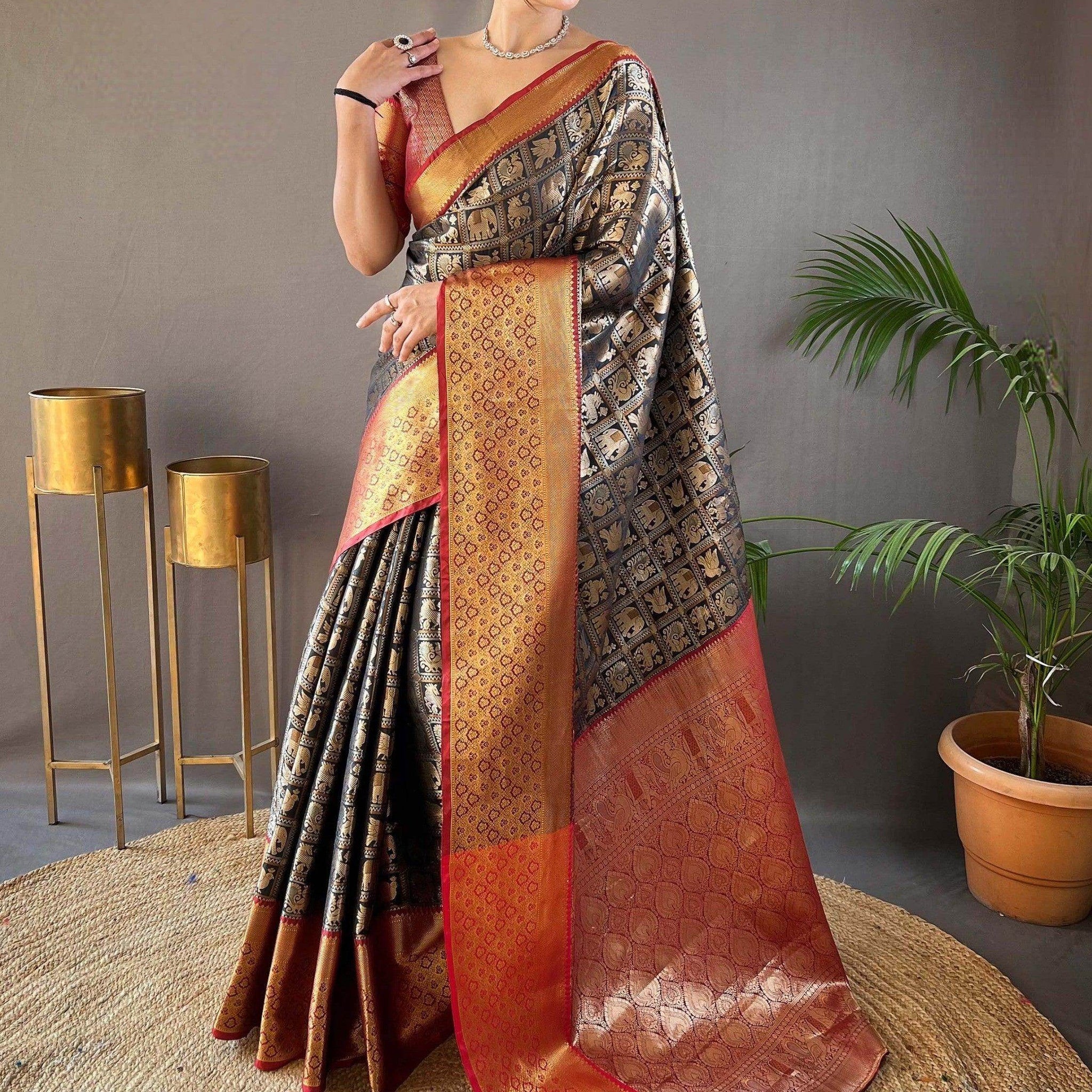 Amazing Black Zari Weaving Silk Reception Wear Saree With Blouse - Zeel Clothing