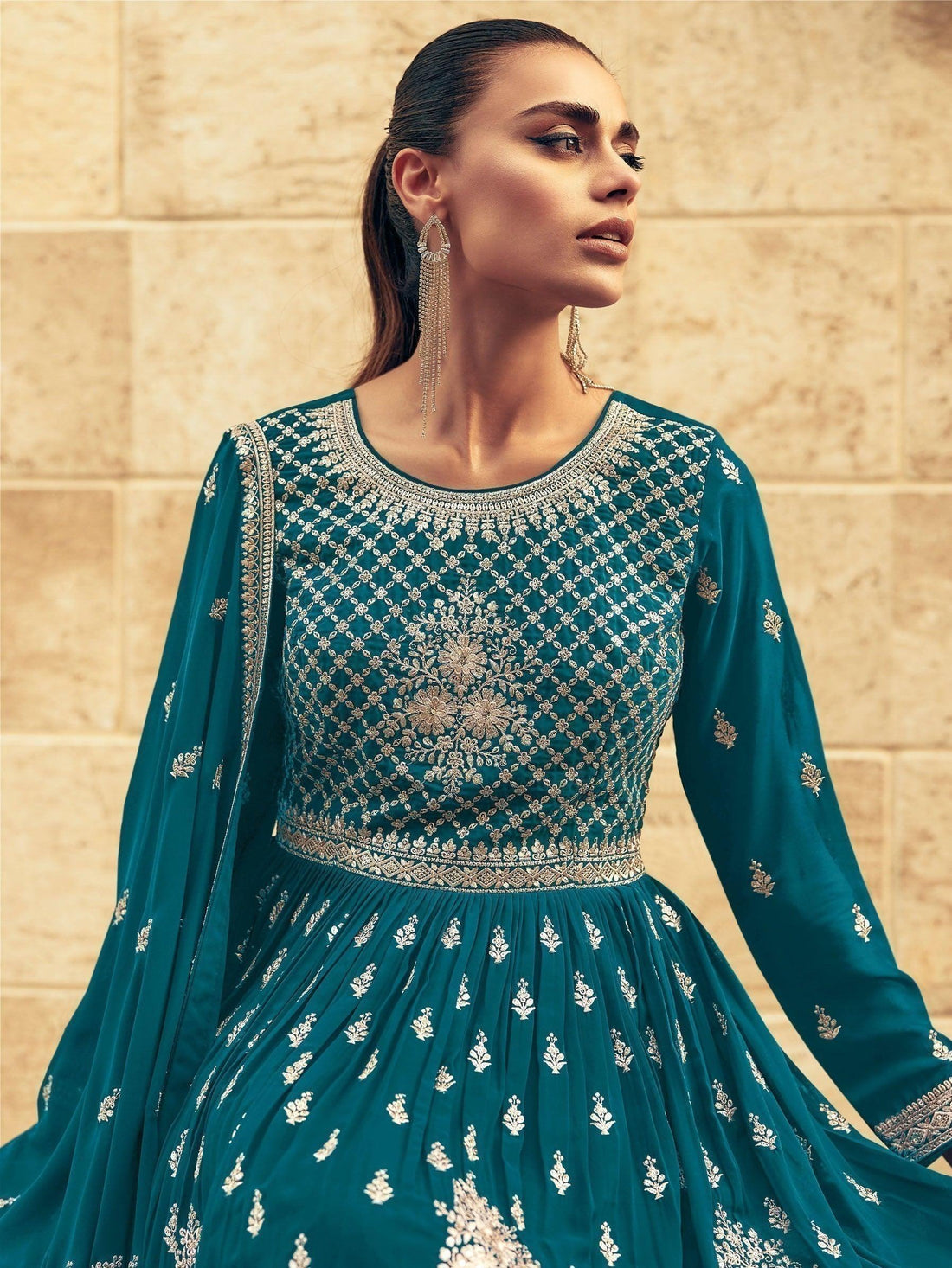 Amazing Blue Embroidered Georgette Gharara Suit With Dupatta