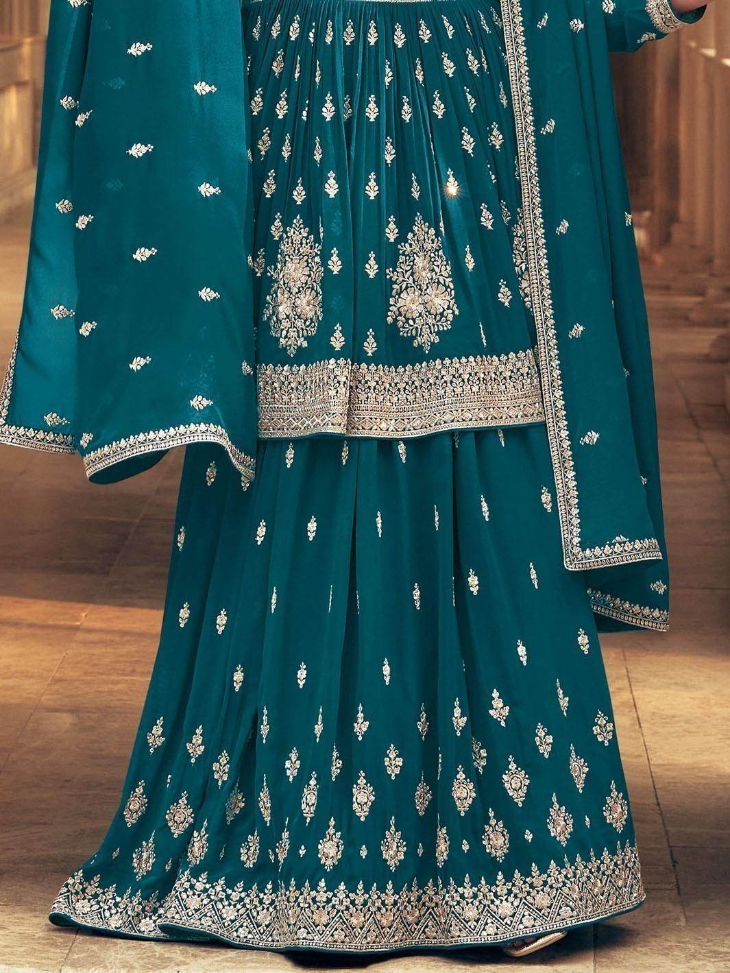 Amazing Blue Embroidered Georgette Gharara Suit With Dupatta - Zeel Clothing