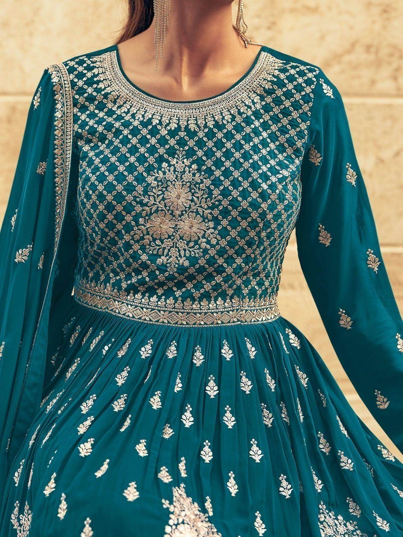 Amazing Blue Embroidered Georgette Gharara Suit With Dupatta - Zeel Clothing