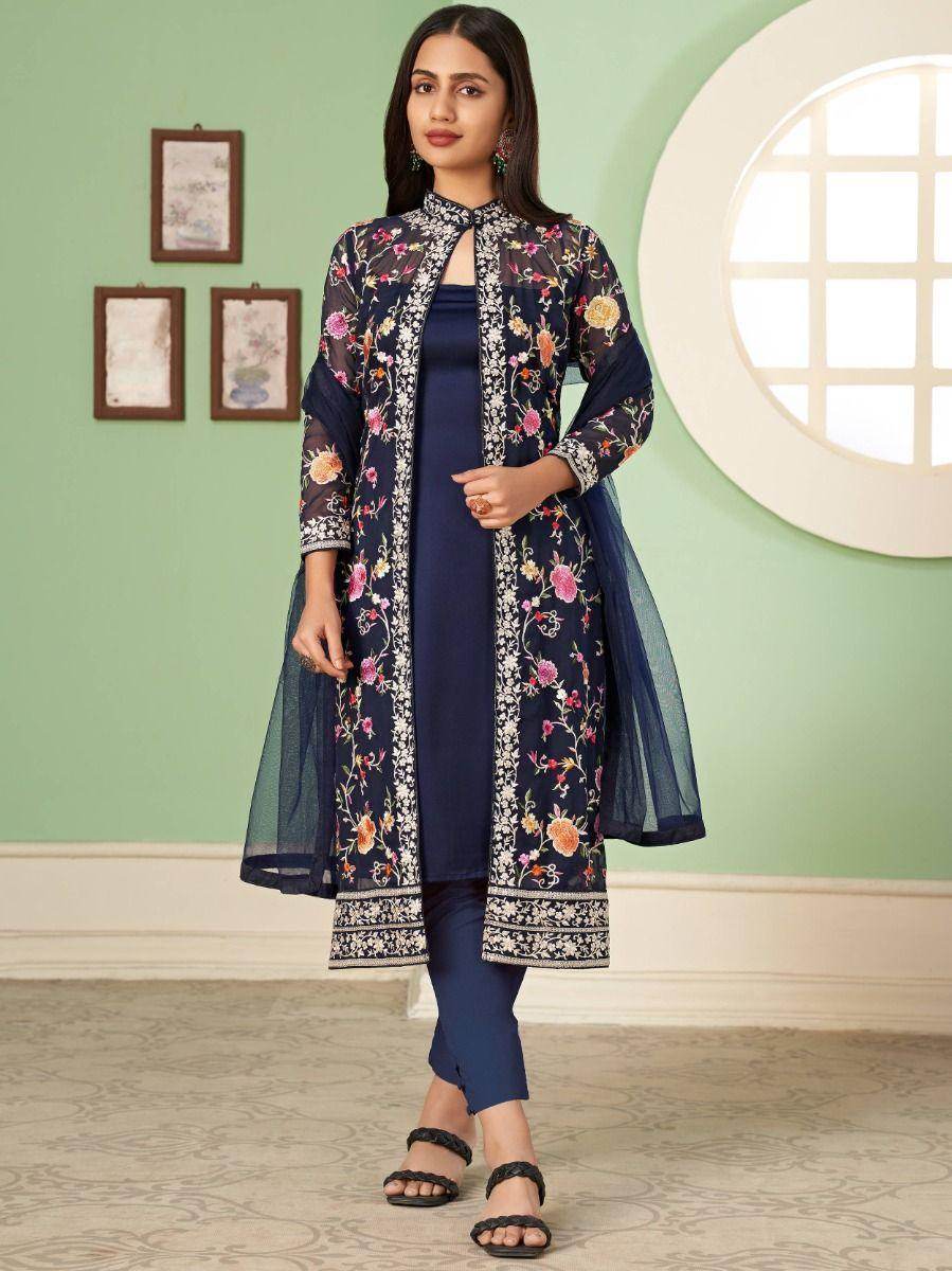 Amazing Blue Embroidered Georgette Jacket Salwar Suit - Zeel Clothing