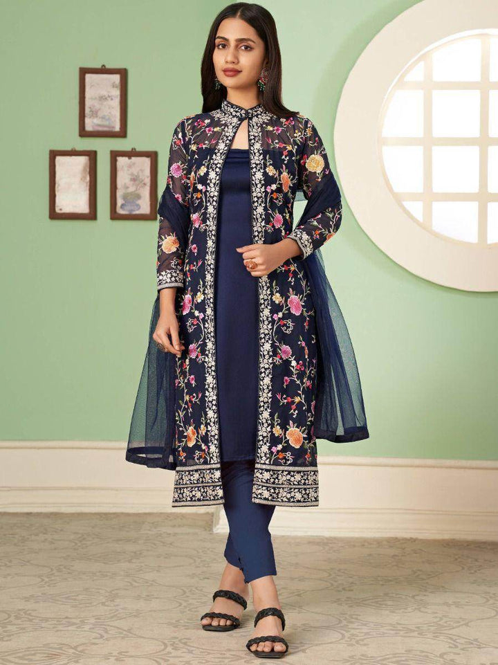 Amazing Blue Embroidered Georgette Jacket Salwar Suit - Zeel Clothing