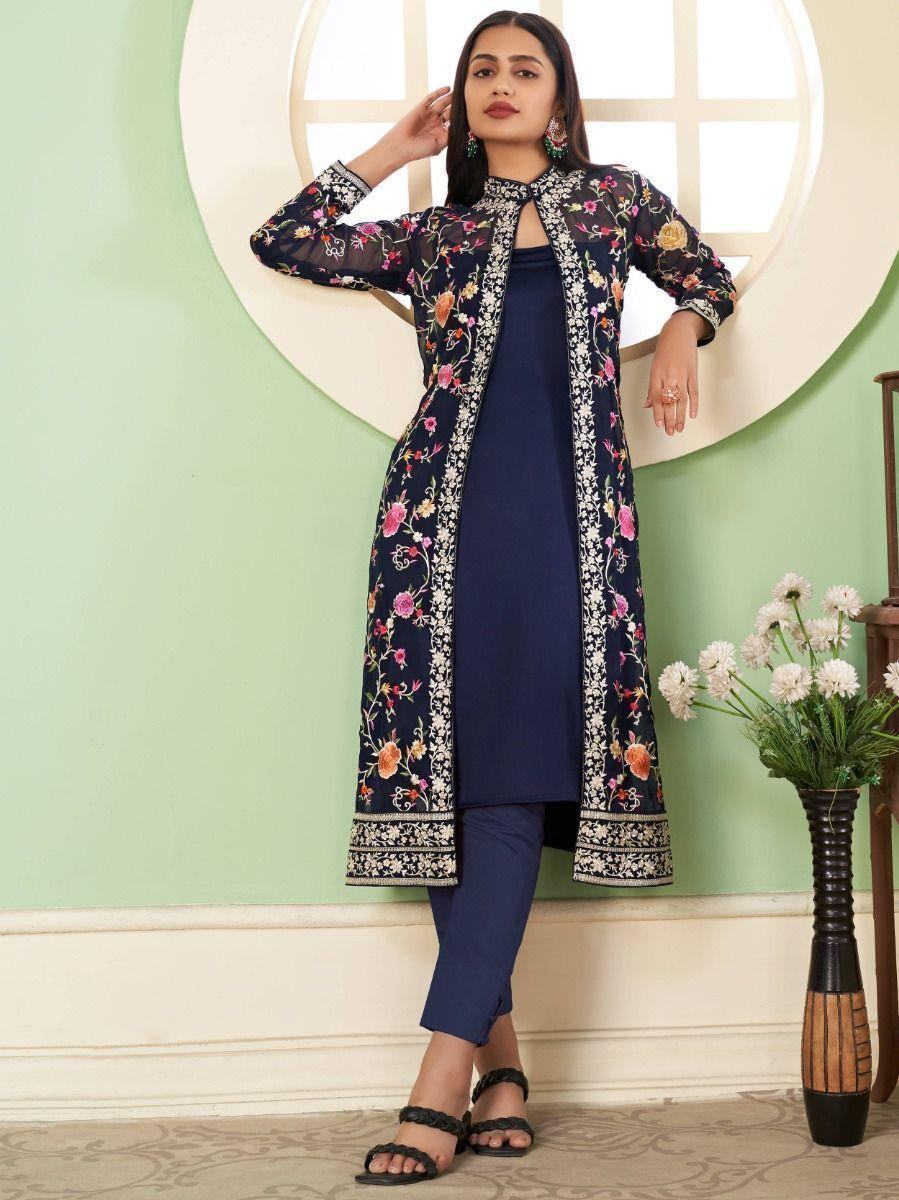Amazing Blue Embroidered Georgette Jacket Salwar Suit - Zeel Clothing