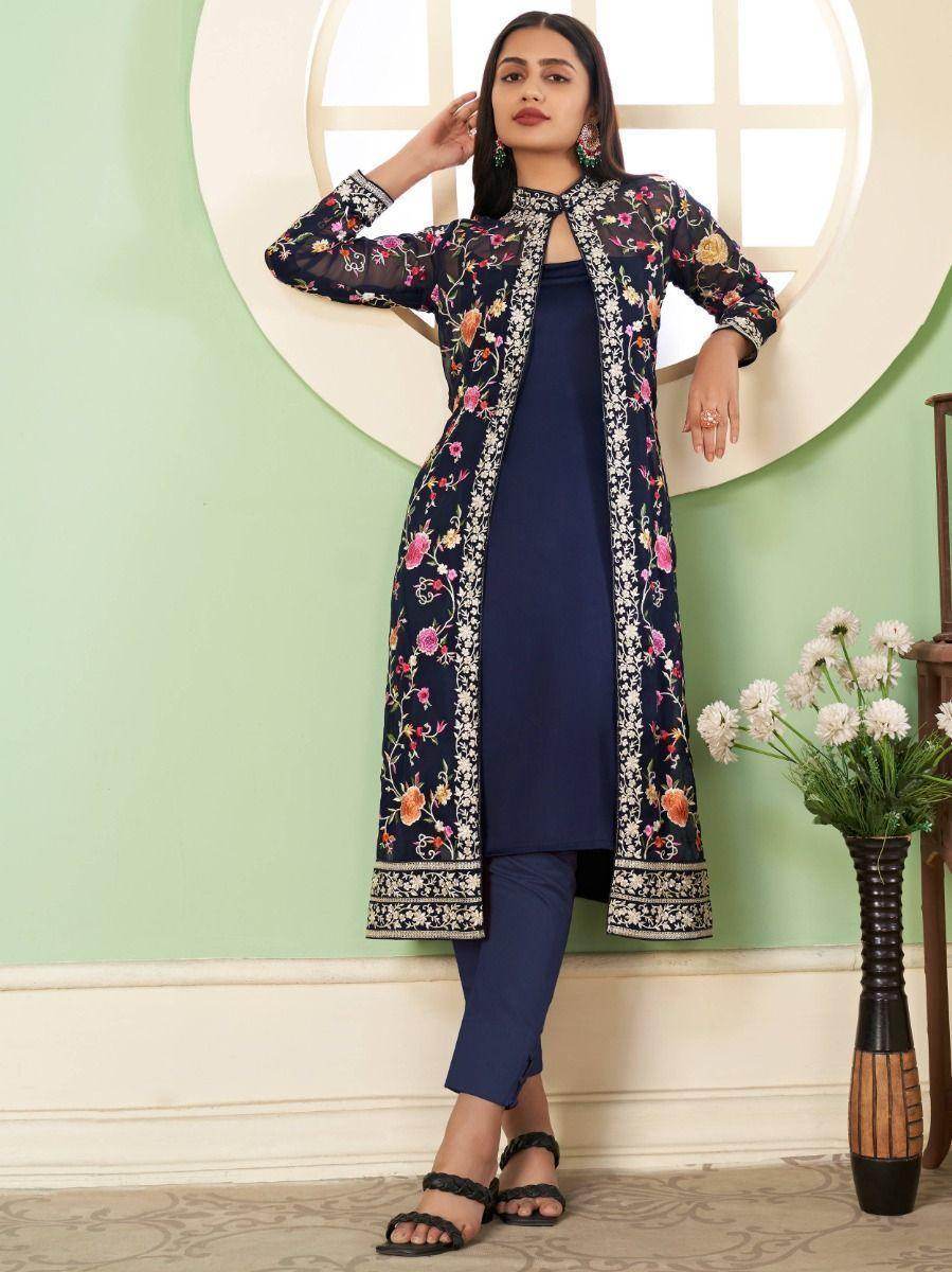 Amazing Blue Embroidered Georgette Jacket Salwar Suit - Zeel Clothing