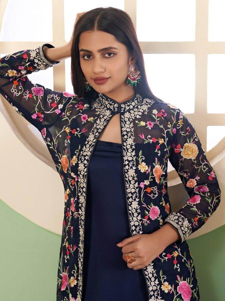 Amazing Blue Embroidered Georgette Jacket Salwar Suit - Zeel Clothing
