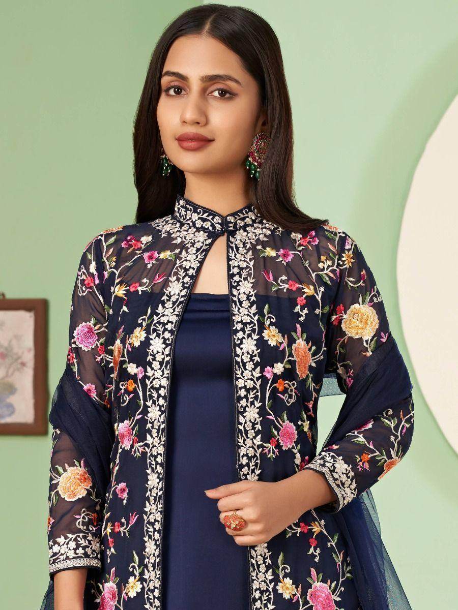 Amazing Blue Embroidered Georgette Jacket Salwar Suit - Zeel Clothing