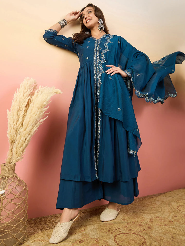 Amazing Blue Embroidered Silk Festival Wear Palazzo Suit With Dupatta - Zeel Clothing